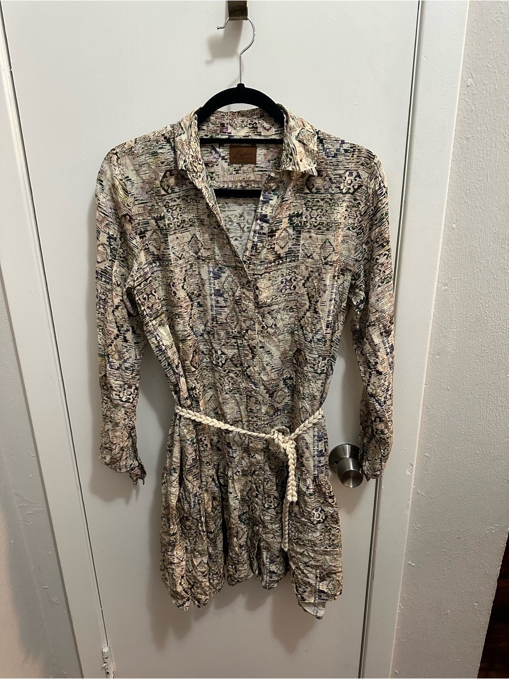 Lightweight Neutral Patterned Shirt Dress with Rope Belt